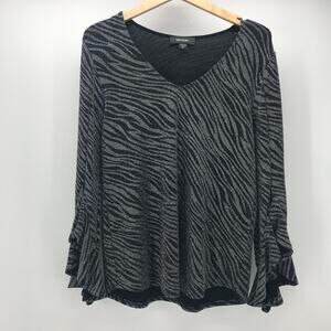 Karen Kane Top Womens Medium Black Silver Animal Print Long Bell Sleeve V Neck
